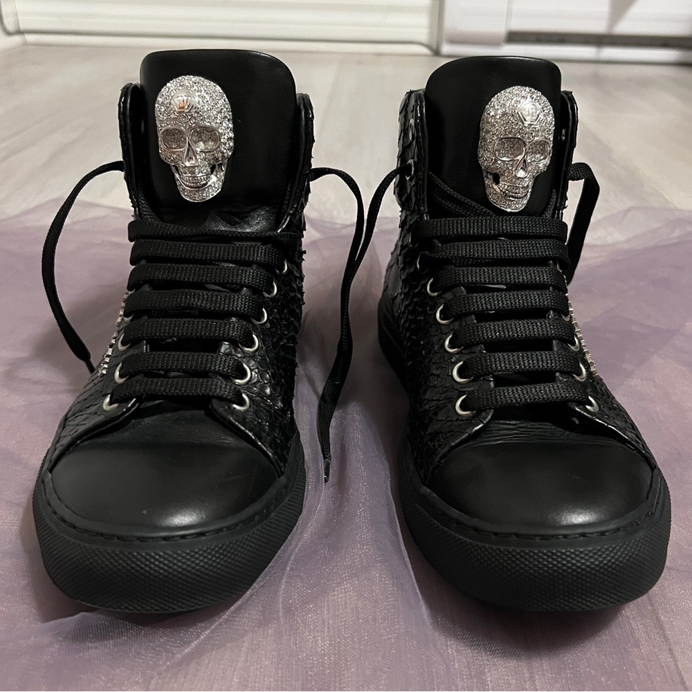 Philipp Plein Black Leather & Python Effect Mid-Top Sneakers with Crystal Skull